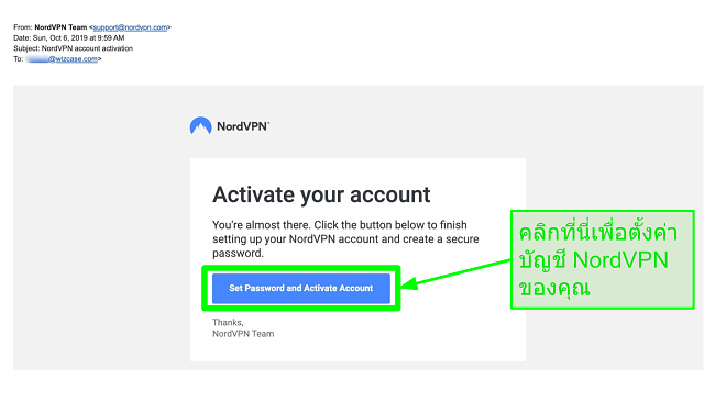 สกรีนช็อตของอีเมลการเปิดใช้งานบัญชี NordVPN