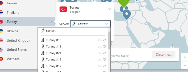 NordVPN sunucularının Türkiye'deki görüntüsü