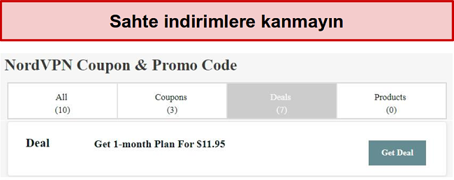Sahte NordVPN indirim anlaşmasını gösteren bir web sitesi