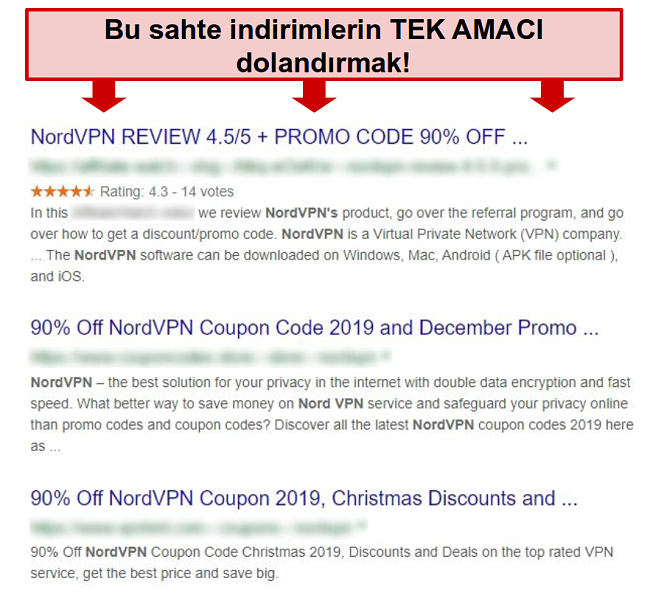 Sahte NordVPN indirimlerini gösteren Google sonuçları