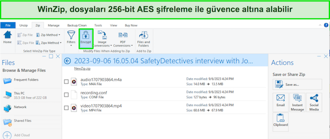 256 bit AES şifreleme ekran görüntüsüne sahip WinZip güvenli dosyalar