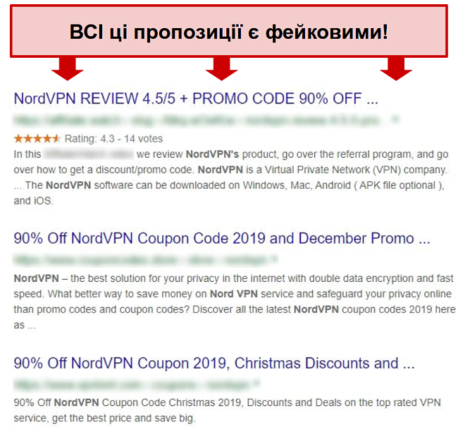 Результати Google, що показують підроблені знижки NordVPN