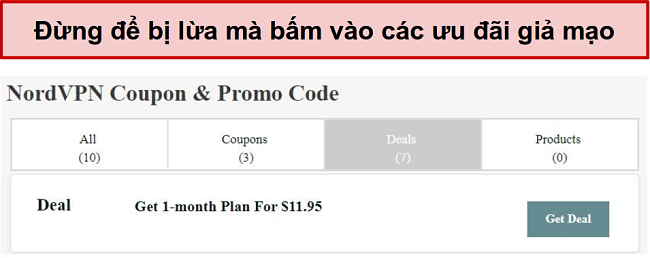Một trang web hiển thị một thỏa thuận giảm giá giả mạo NordVPN