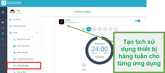 Qustodio đã đặt giới hạn cho các ứng dụng