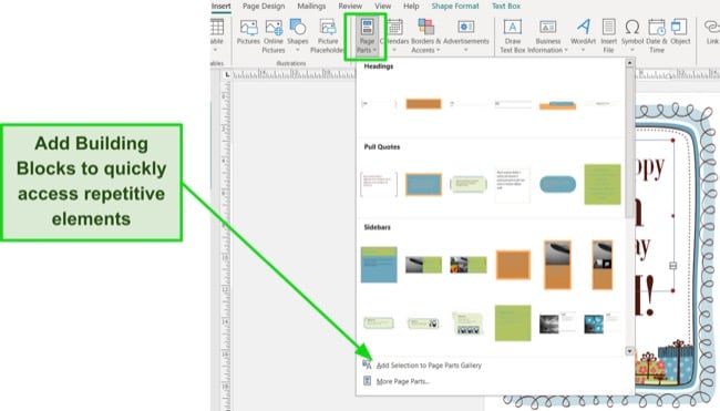 Schermata dei blocchi predefiniti di Microsoft Publisher