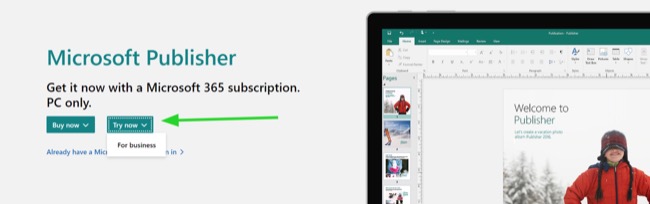 Microsoft Publisher try now button screenshot