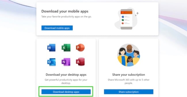 Microsoft 365 download desktop apps screenshot