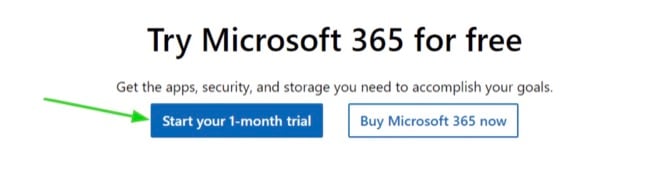 Скриншот кнопки «Попробуйте бесплатную пробную версию Microsoft 365»