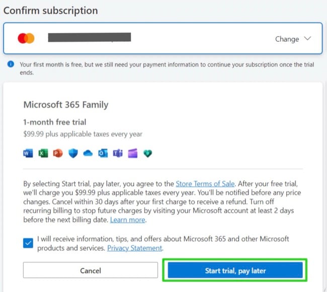 Microsoft 365 start trial, pay later button screenshot