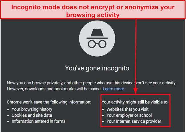 Screenshot of incognito mode notifications.