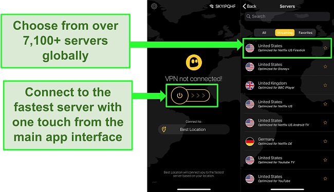 CyberGhost-Benutzeroberfläche mit globalen Servern und Schnellverbindungstaste