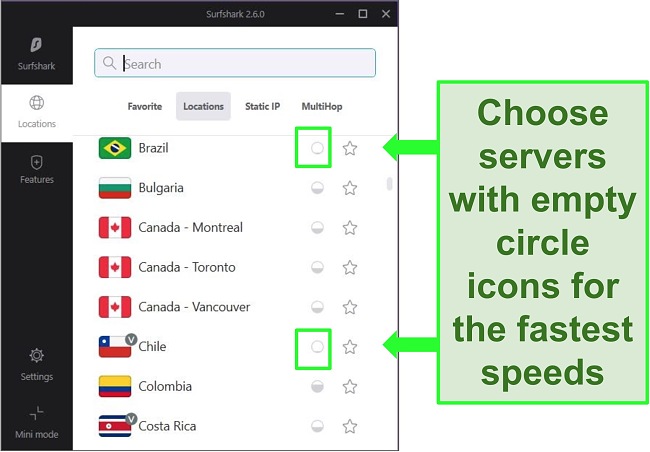 surfshark interface montrant les options de serveur dans différents pays et la charge de serveur