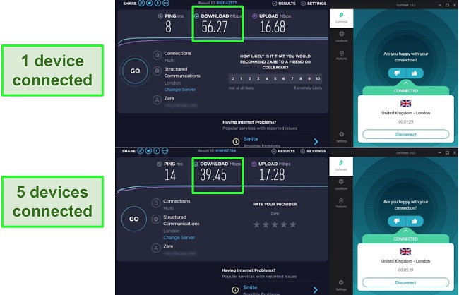 surfshark speed test on ookla with 1 device and 5 devices
