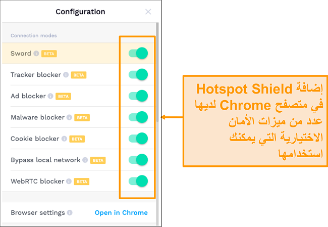 لقطة شاشة لميزات أمان امتداد Chrome في HotSpot Shield.