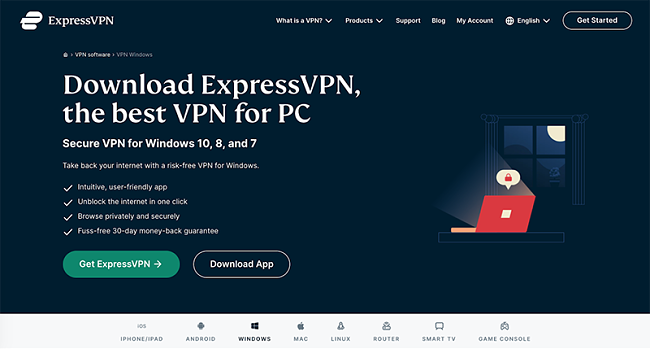 Screenshot della pagina web di download di ExpressVPN per PC Windows 10, 8 e 7
