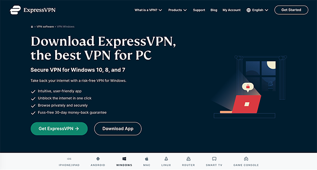 Snimka zaslona ExpressVPN web stranice za preuzimanje za Windows PC 10, 8 i 7