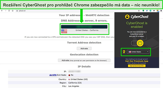 Snímek obrazovky rozšíření prohlížeče Chrome od CyberGhost připojeného k americkému serveru s výsledky testu úniku, který neukázal žádné úniky dat.