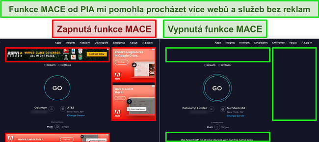 Snímky obrazovky webů Ookla s vypnutou a zapnutou funkcí PIA MACE, které zdůrazňují rozdíl v počtu reklam zobrazených na každé stránce.