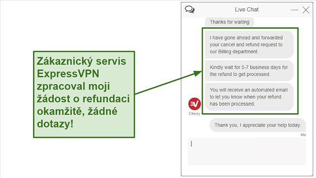 Screenshot žádosti o vrácení peněz ExpressVPN přes živý chat