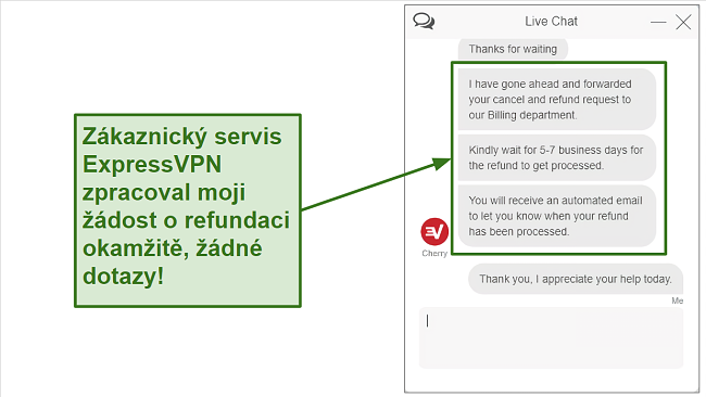 Screenshot of ExpressVPN refund request over live chat.