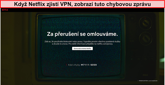 Snímek obrazovky chybové zprávy Netflix při použití VPN, proxy nebo odblokovače - kód chyby: M7111-5059