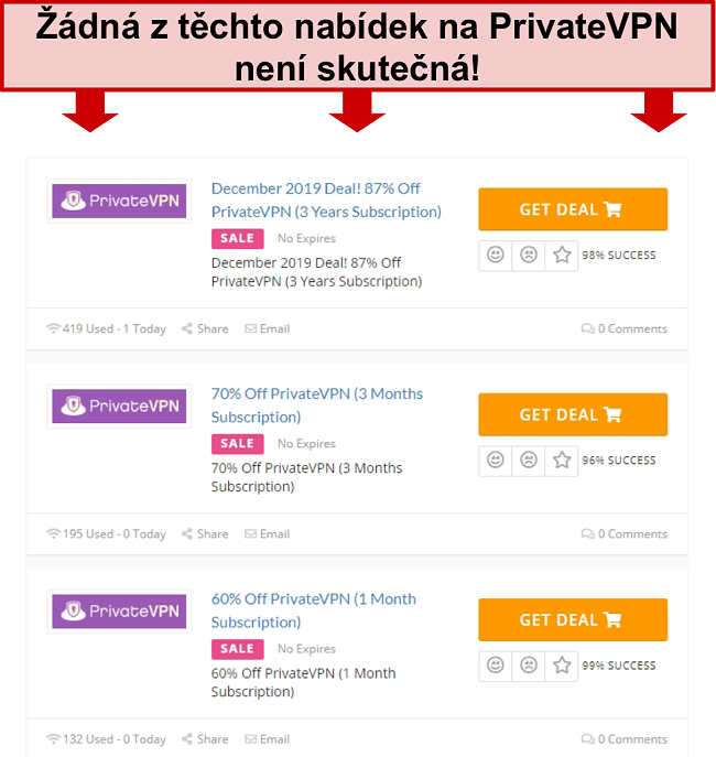 Screenshot z obchodů PrivateVPN zobrazujících falešné ceny