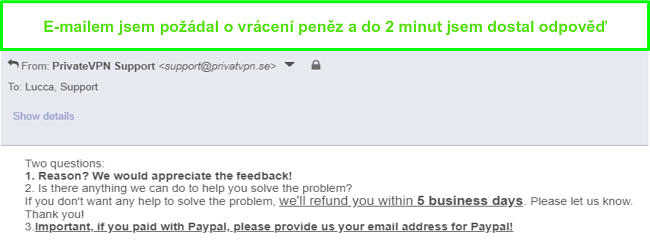 Screenshot z PrivateVPN rychle reagující na můj požadavek na vrácení peněz prostřednictvím e-mailu