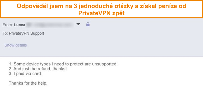 Screenshot z odpovědí na žádost o vrácení peněz za PrivateVPN prostřednictvím e-mailu