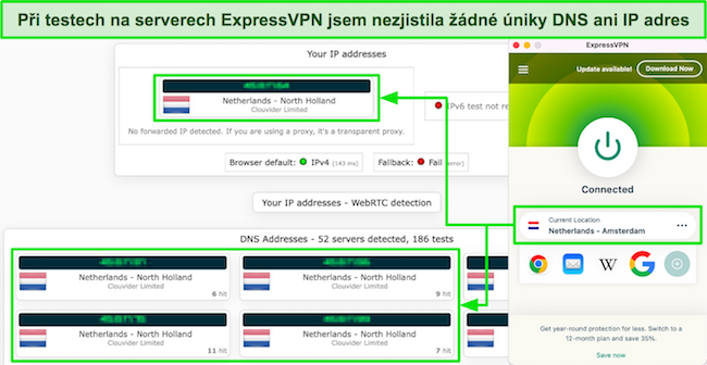 Snímek obrazovky s výsledky testu těsnosti ExpressVPN