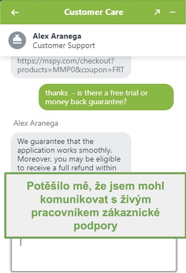 Screenshot chatu se skutečným agentem podpory zákazníků