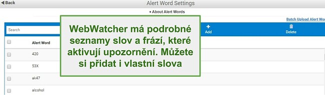 Snímek obrazovky výstražných slov Webwatcher