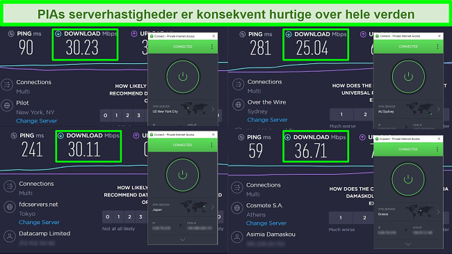 Screenshots af Ookla-hastighedstest med PIA tilsluttet forskellige globale servere.