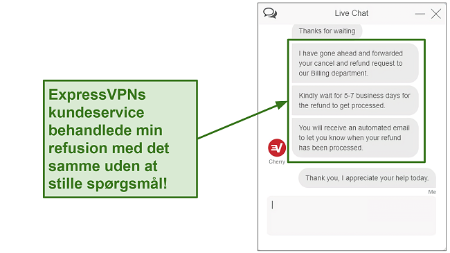 Screenshot of ExpressVPN refund request over live chat.