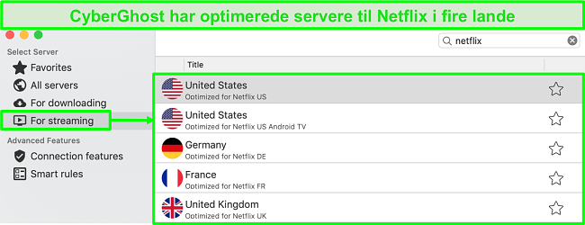 Skærmbillede af CyberGhost-appgrænsefladen, der viser optimerede servere til streaming af Netflix