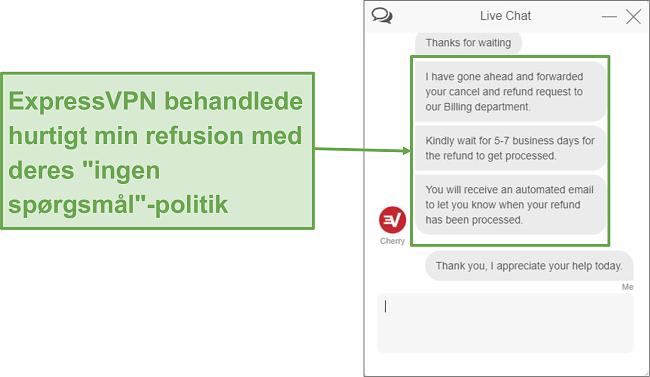 Skærmbillede af anmodning om refusion via live chat.