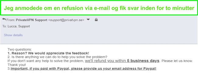 Skærmbillede af PrivateVPN svarer hurtigt på min refusionsanmodning via e-mail