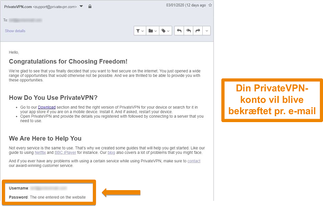 Skærmbillede af en PrivateVPN-e-mail-bekræftelse efter tilmelding til en konto