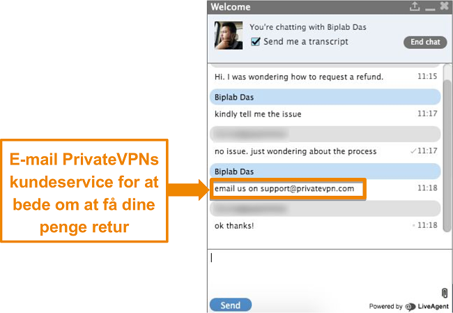 Skærmbillede af en PrivateVPN live chat-agent, der giver instruktioner til at sende en anmodning om refusion via e-mail
