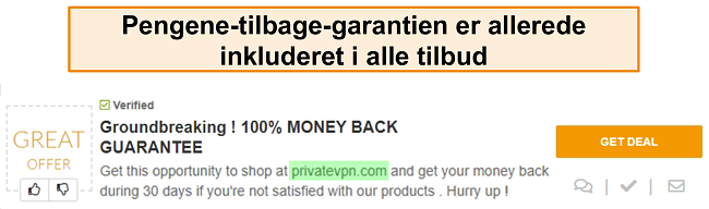 Skærmbillede af en PrivateVPN-kupon, der reklamerer for en pengene-tilbage-garanti som en 