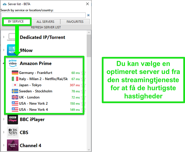 Skærmbillede af streaming-serverindstillinger til PrivateVPN