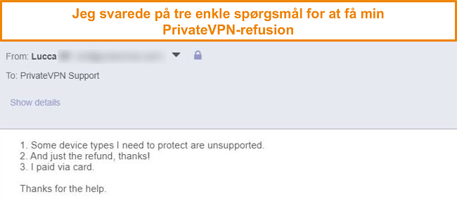 Skærmbillede af svar for at anmode om en PrivateVPN-refusion via e-mail