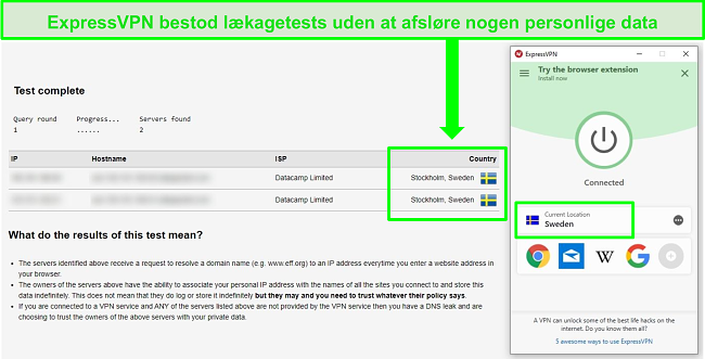 Skærmbillede af ExpressVPN, der bestod en DNS-lækagetest, mens den er tilsluttet svenske servere