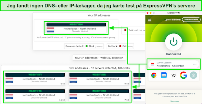 Skærmbillede af ExpressVPNs lækagetestresultater