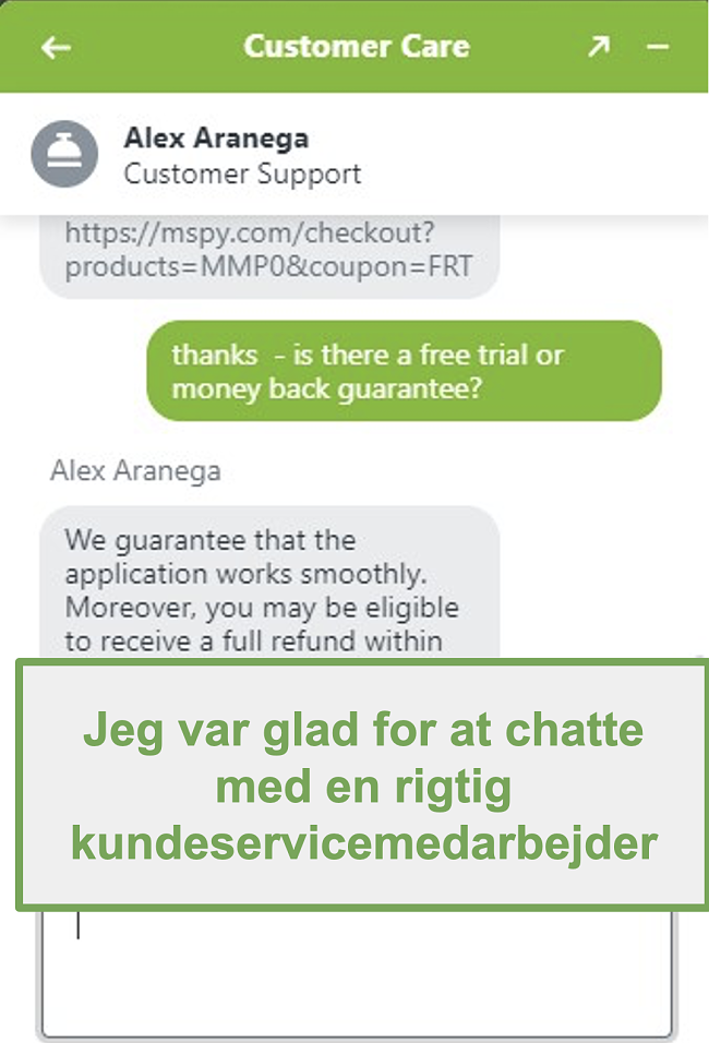 Sk&aelig;rmbillede af chatten med en &aelig;gte kundesupportagent