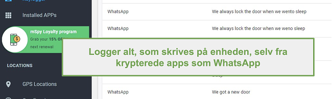 Sk&aelig;rmbillede af logfiler fra krypterede apps som WhatsApp