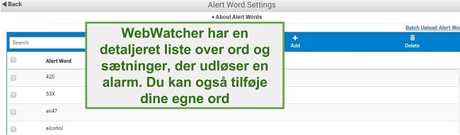 Sk&aelig;rmbillede af Webwatcher Alert Words