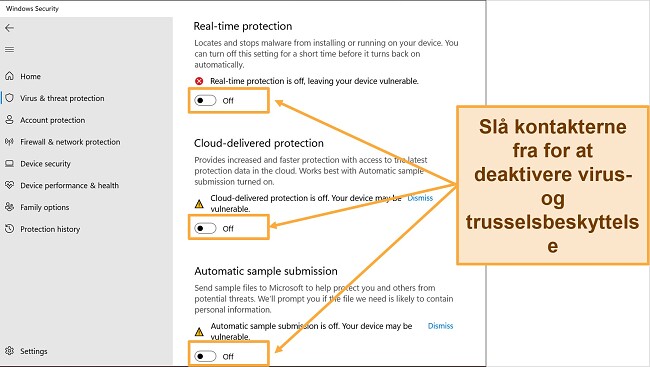 Skærmbillede af Windows Security-appen, der viser beskyttelse mod virus og trusler slået fra