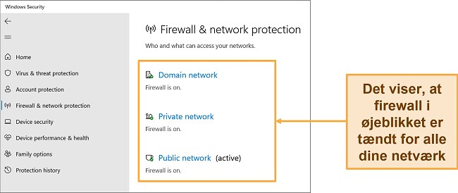 Skærmbillede af Windows Security-app, der viser status for firewall og netværksbeskyttelse