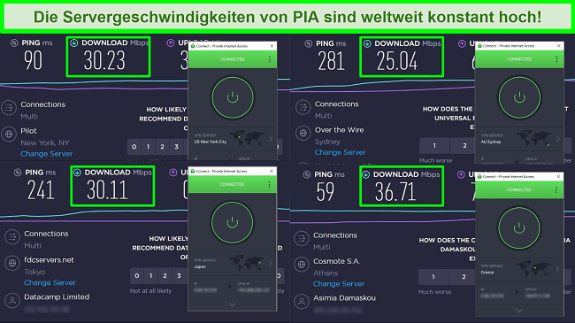 Screenshots von Ookla-Geschwindigkeitstests mit PIA, die mit verschiedenen globalen Servern verbunden sind.