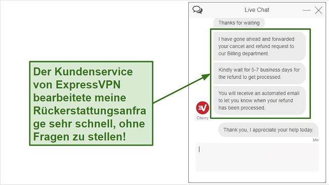 Screenshot of ExpressVPN refund request over live chat.